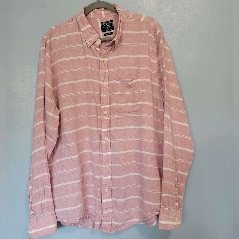 Abercrombie And Fitch Striped Linen Button Down Shirt In Pink Size 2xl